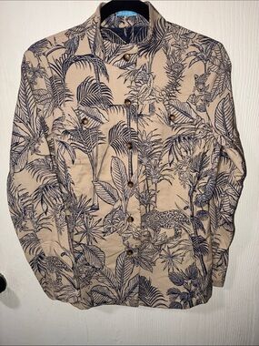 J. McLaughlin Beige Button-Down Shirt with Navy Tropical Print